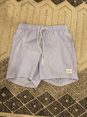 Calvin Klein Light Blue & White Striped Seersucker Swim Trunks